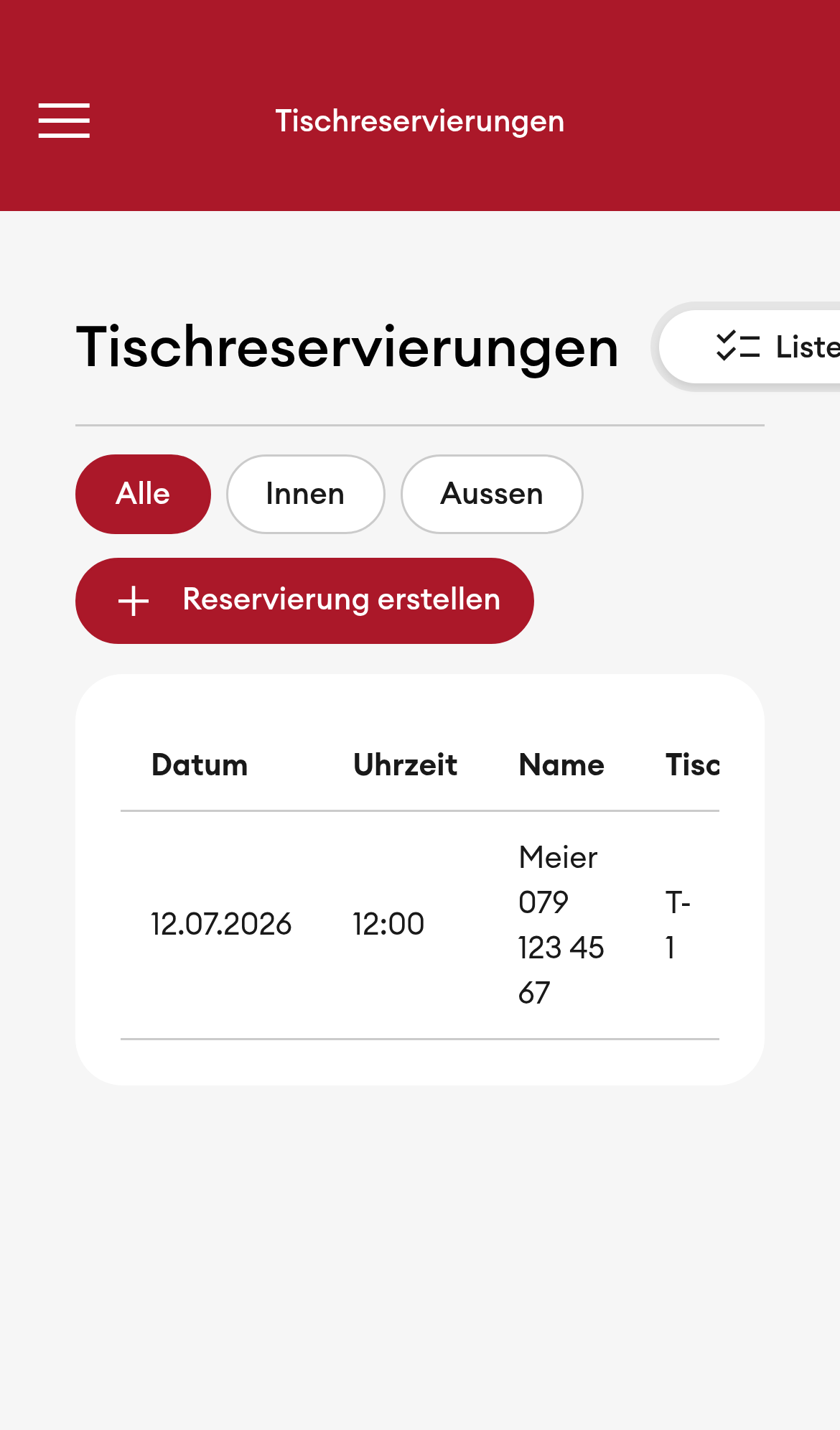 Tischreservierungen - Liste (Mobile)