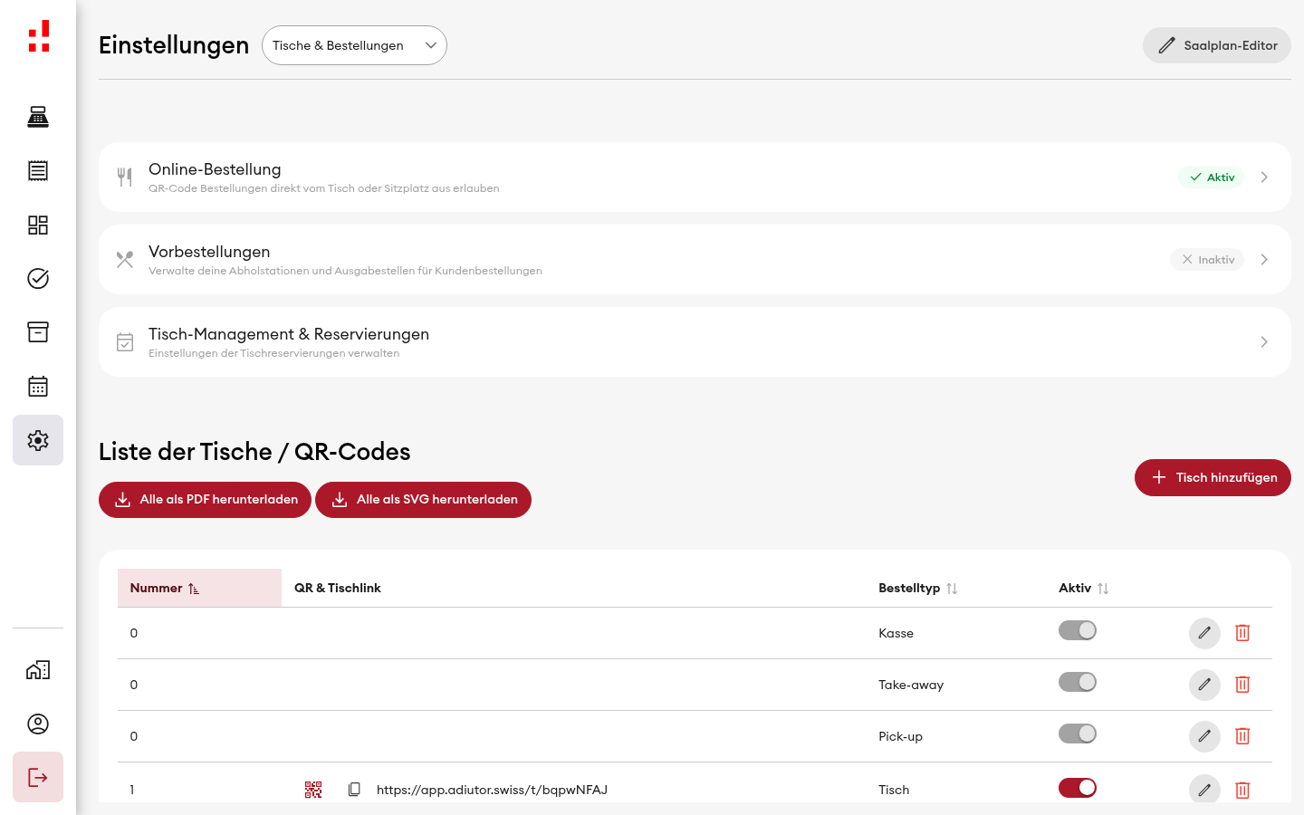 Einstellungen > Tische & Bestellungen mit Button 'Saalplan-Editor' (Desktop)