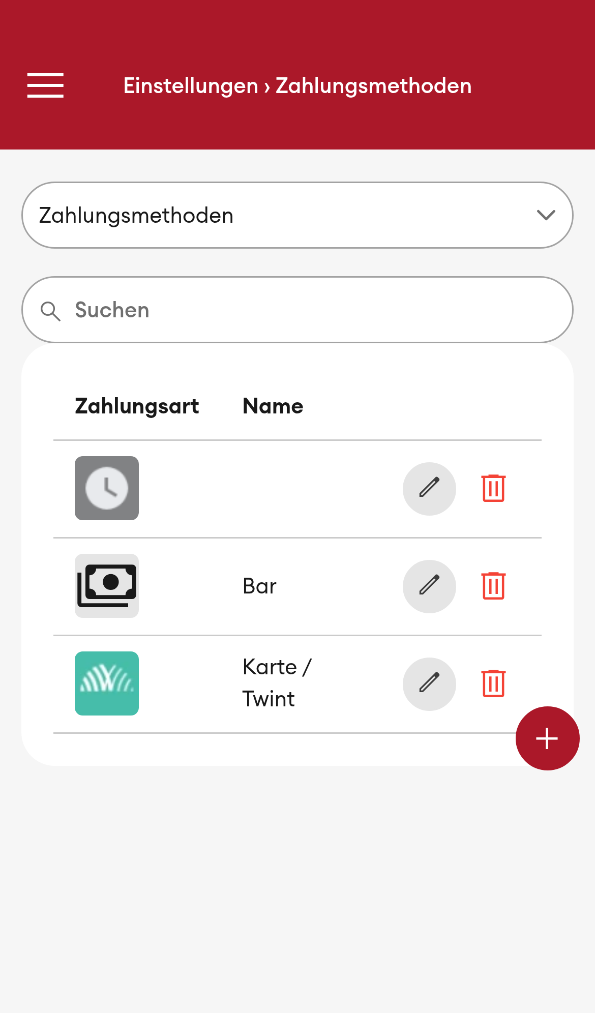 Einstellungen > Zahlungsmethoden - Übersicht (Mobile)