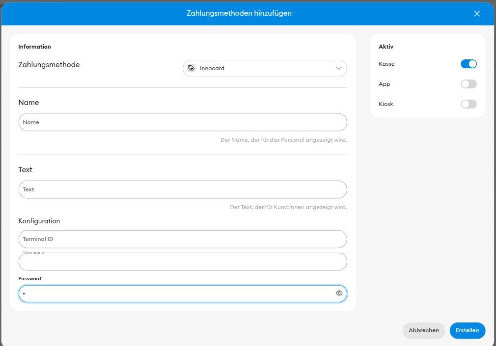 Formular „Zahlungsart hinzufügen“ mit Innocard-Konfiguration