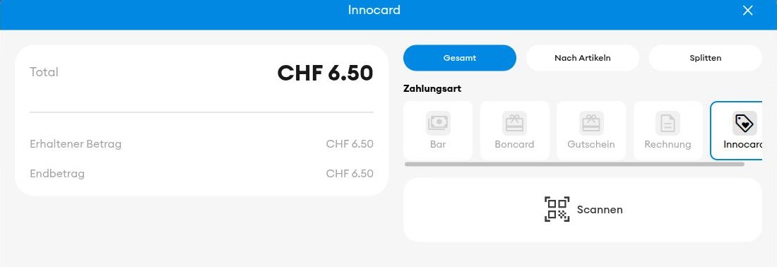 Zahlungsdialog mit ausgewählter Kachel Innocard
