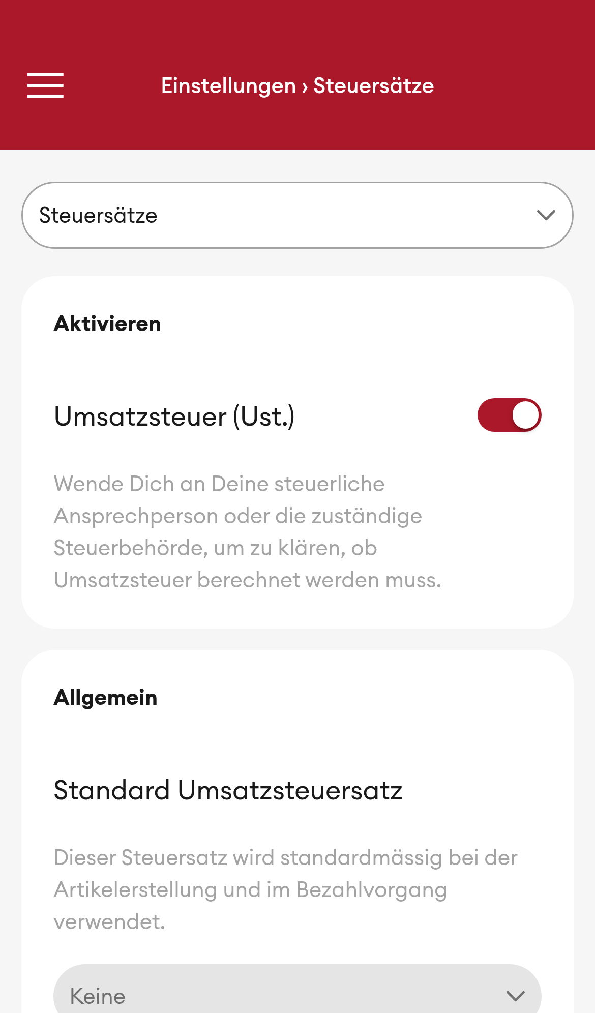 Einstellungen > Steuersätze (Mobile)