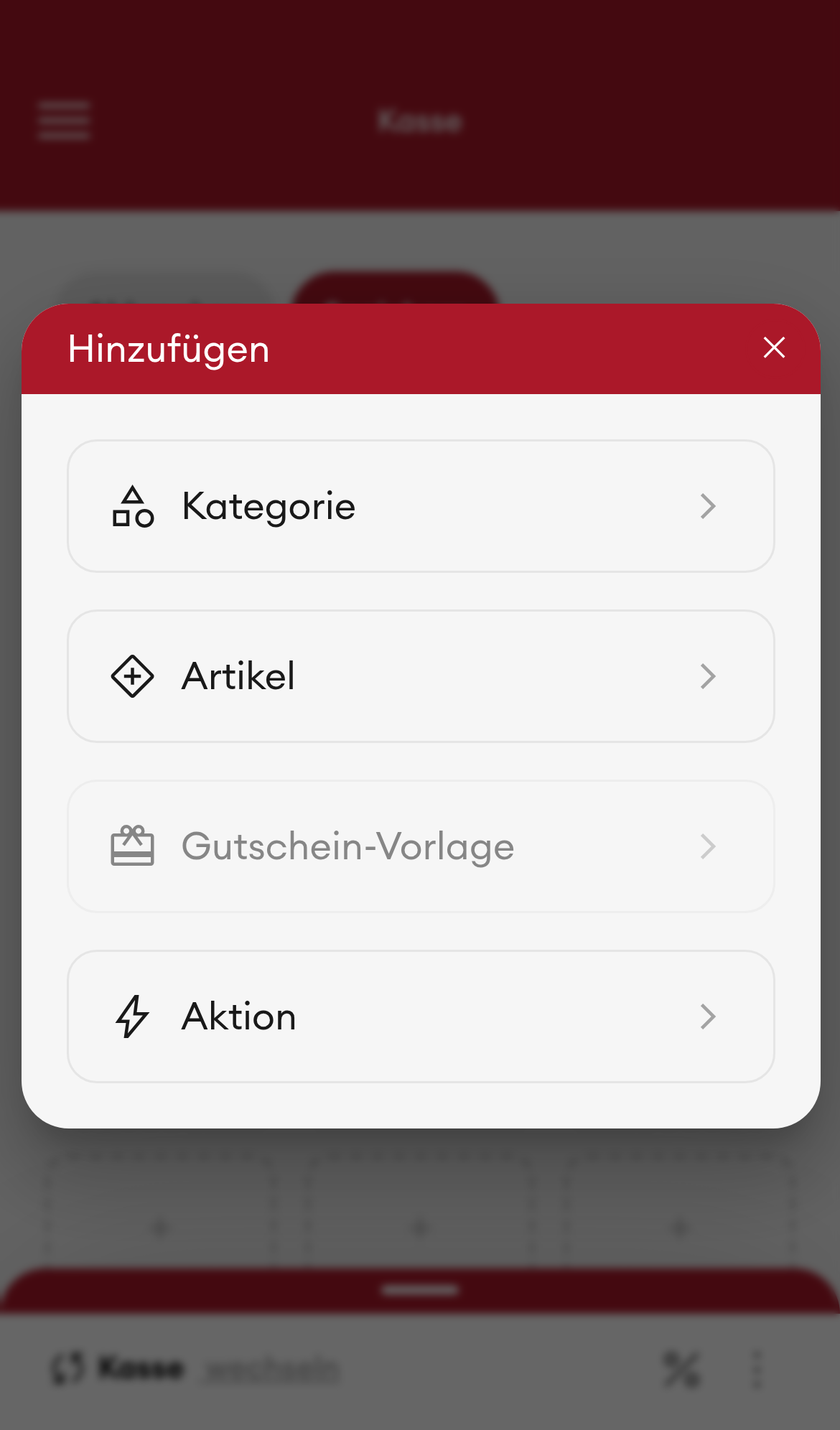 Hauptkategorien - 'Hinzufügen'-Dialog (Mobile)