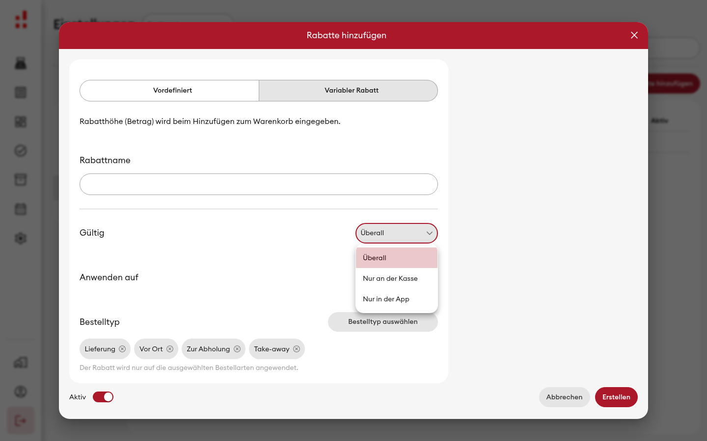 Rabatt - Dropdown 'Gültig' (Desktop)